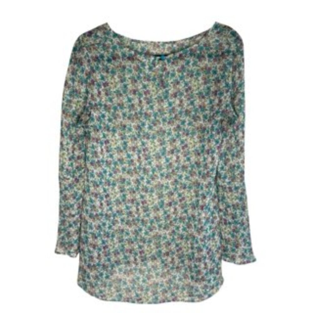 Indigo Soul sheer floral bell sleeve tunic blouse. Size Small.